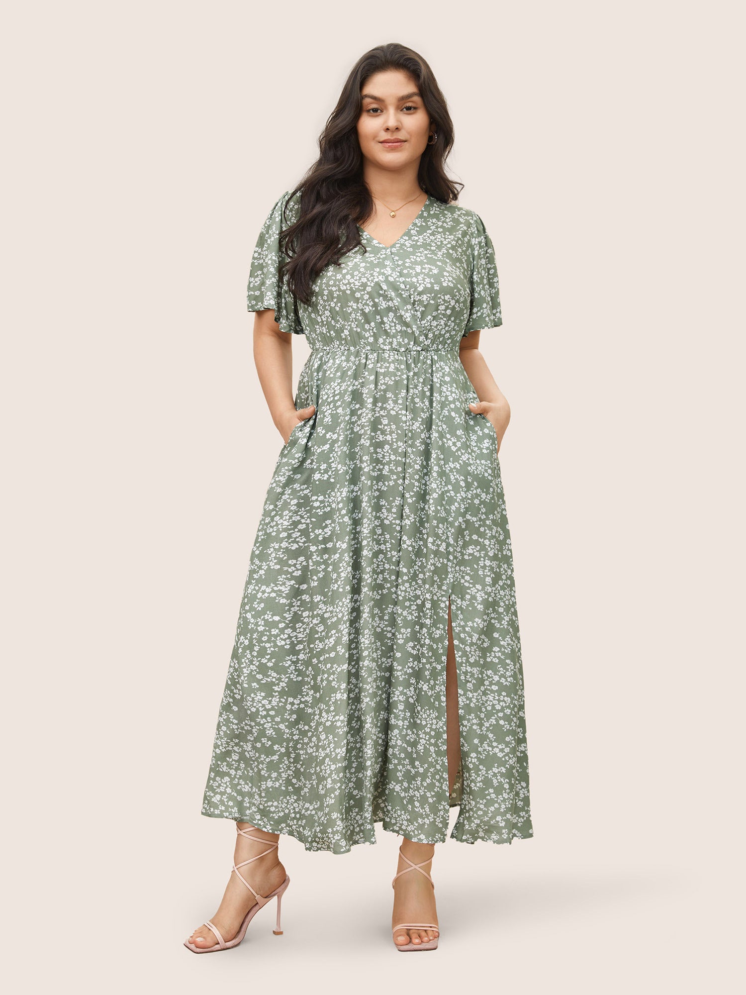 Bloom Dress - Flutter Sleeve Ditsy Floral Pocket Split Maxi Dress