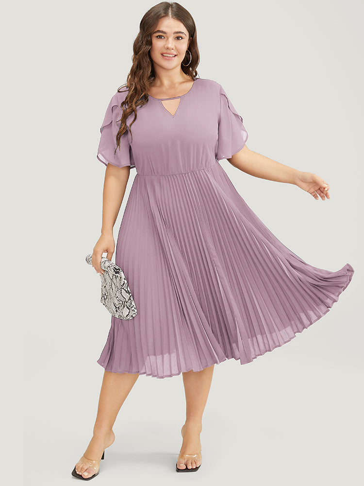 Solid Keyhole Split Chiffon Petal Sleeve Pleated Hem Dress