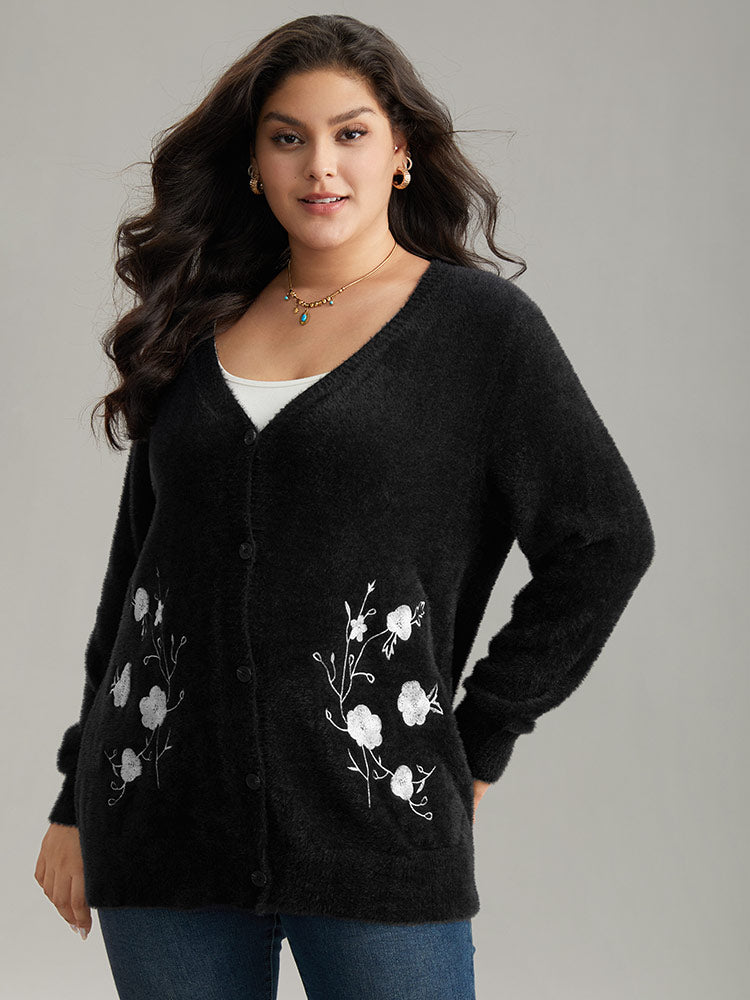 Floral Embroidered Fuzzy Open Front Cardigan