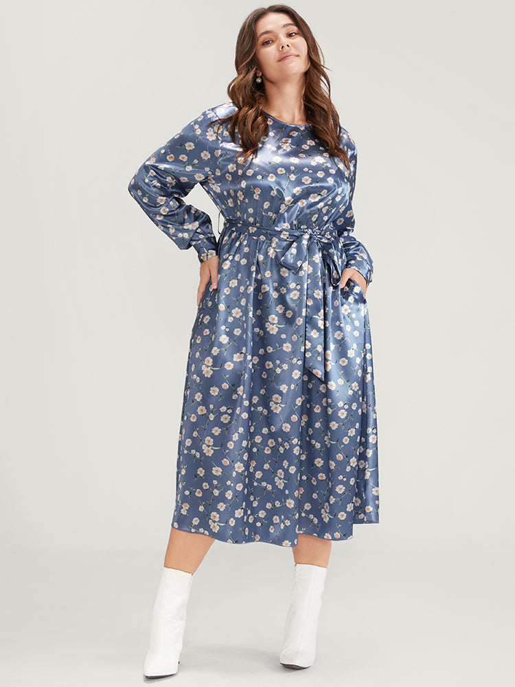 Floral Keyhole Back Pocket Belted Satin Midi Dress BloomChic