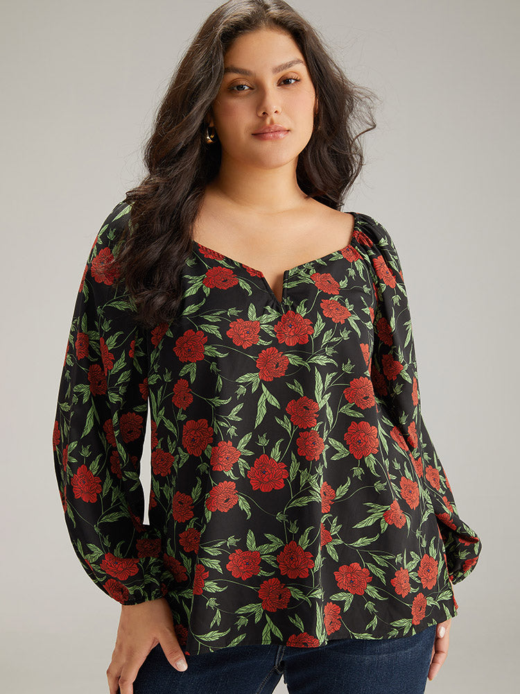 plus size floral lantern sleeve blouse