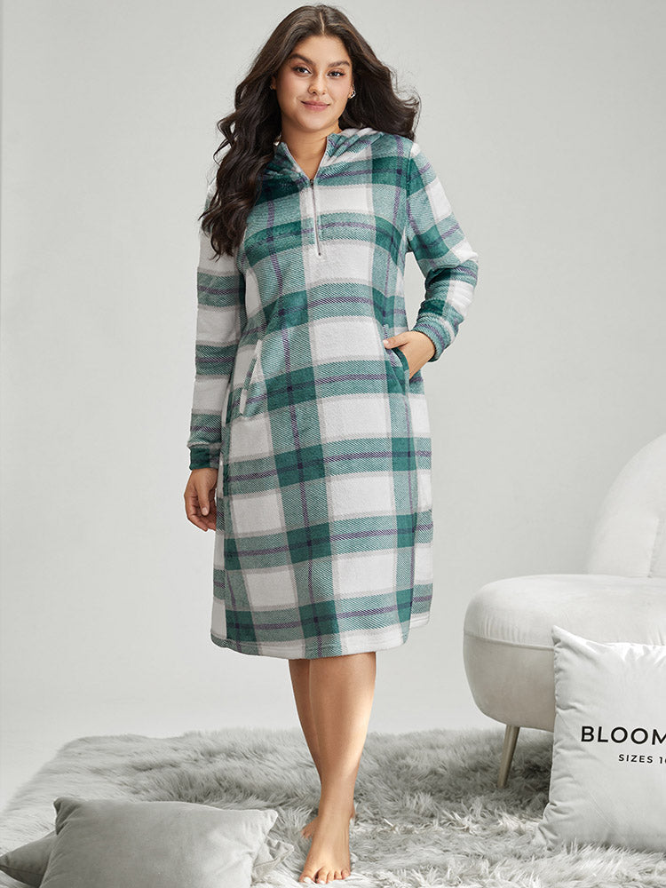 Plaid Contrast Half Zip Hooded Sleep Dress