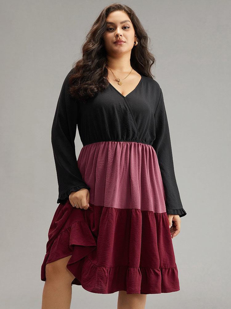 Plus Size Stripe Cuffs Collared Ruffle Hem Dress