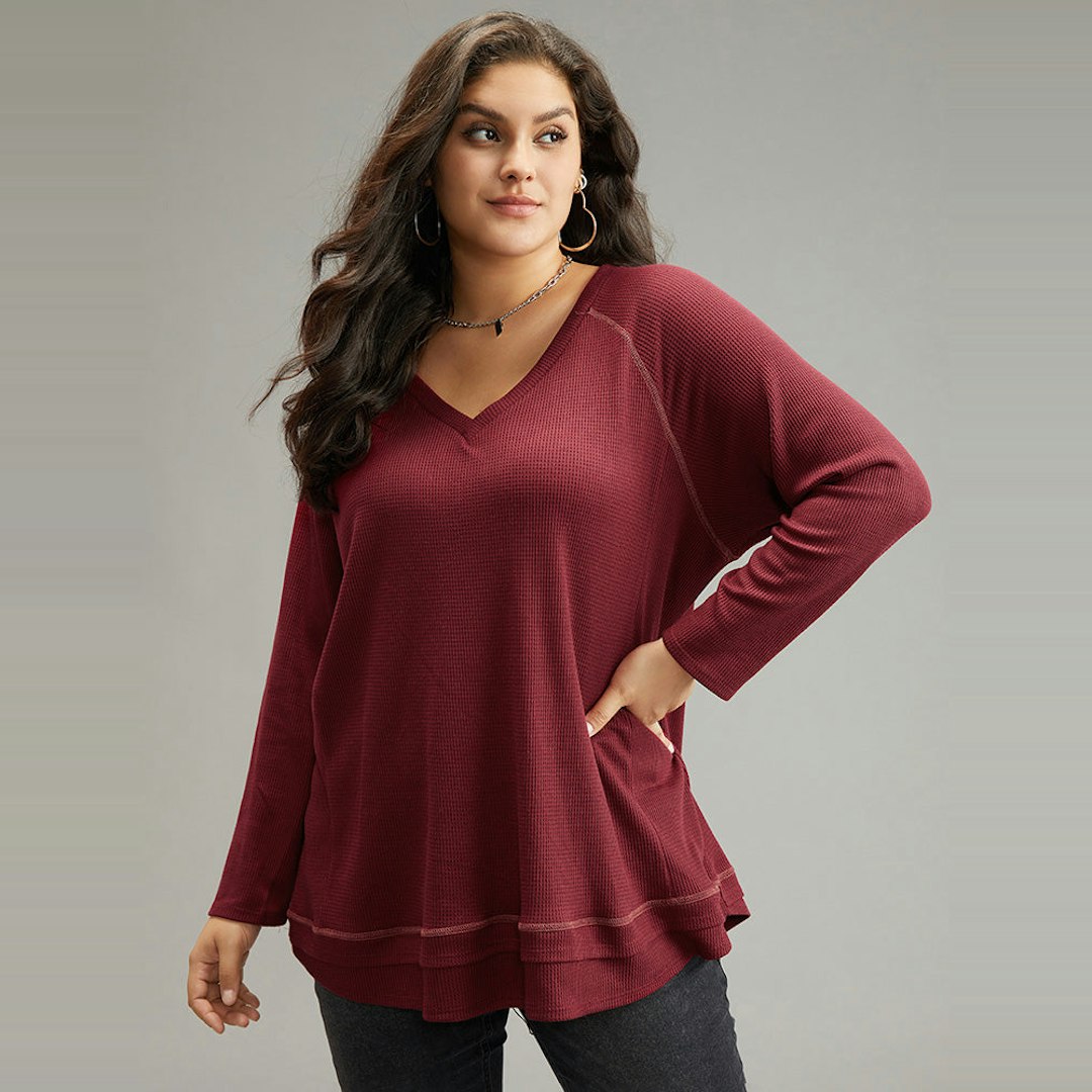 

Plus Size Women Dailywear Plain Plain Regular Raglan sleeve Long Sleeve V-neck Casual Sweatshirts BloomChic, Burgundy