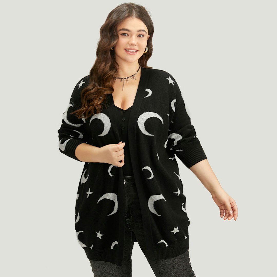 

Plus Size Cardigans | Moon Print Open Front Cardigan | BloomChic, Burgundy