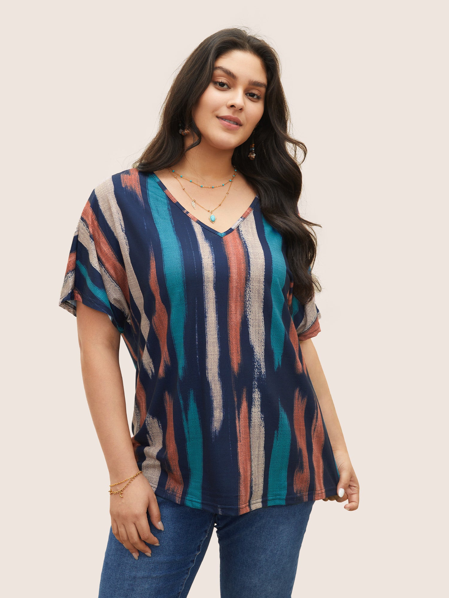 Blue Stripe Stand Collar V Neck Elastic Cuffs Half Sleeve Dolman Top