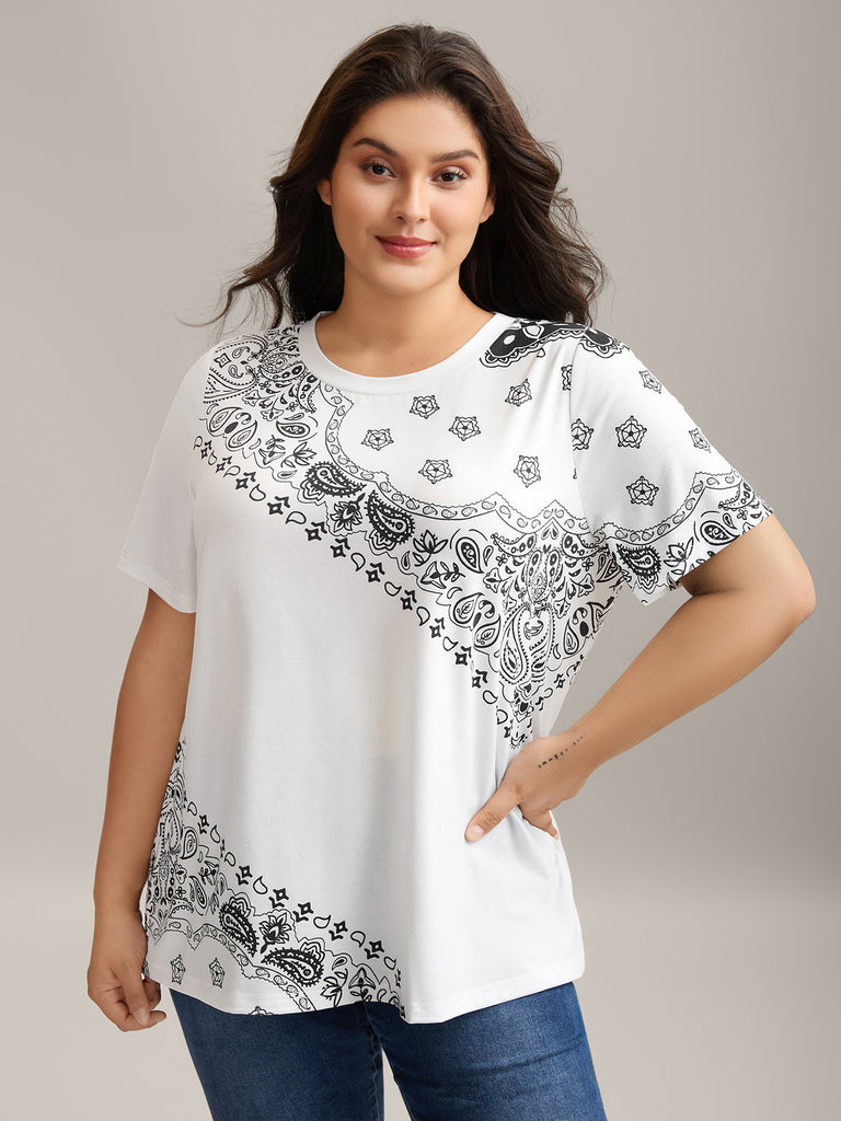 Boho Print Plain Crewneck T-Shirt