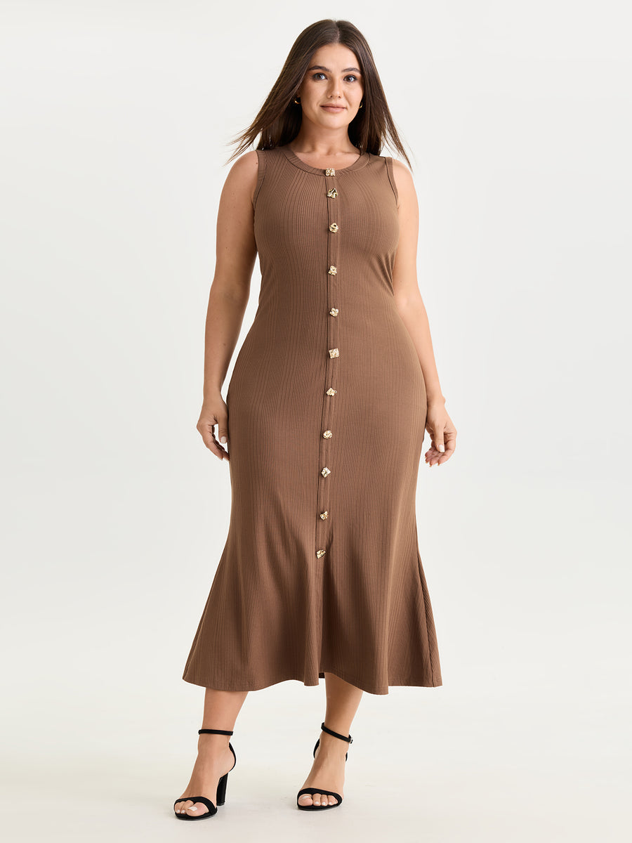 BloomChic Women's Plus Size Textured Button-Detail Fitted Knit Midi Dress Browncoffeecolor Office Maxi Button Front Round Neck 12/L