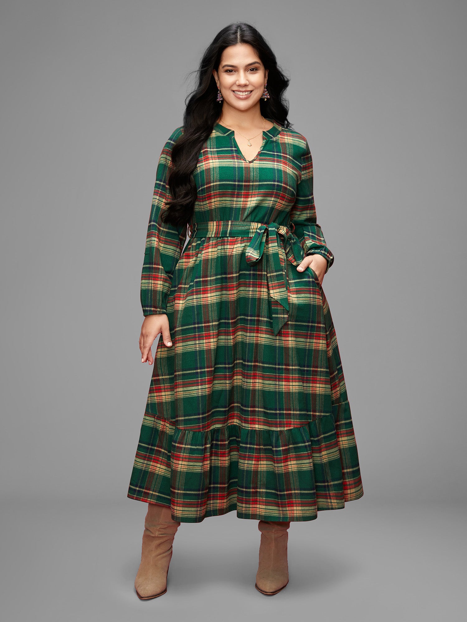bloomchic christmas dress BloomChic Plus Size Truegreen Plaid Dress, Festive Notched Collar, Belted, Size 10/M