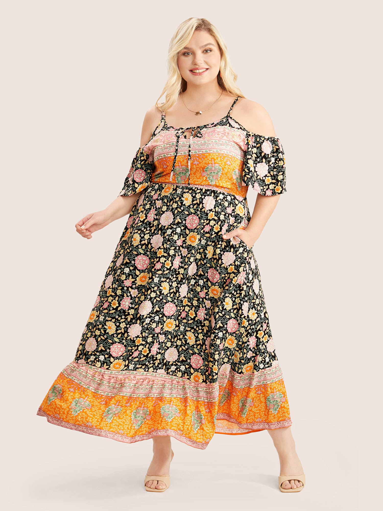 Floral Print Cold Shoulder Hi-Low Maxi Dress