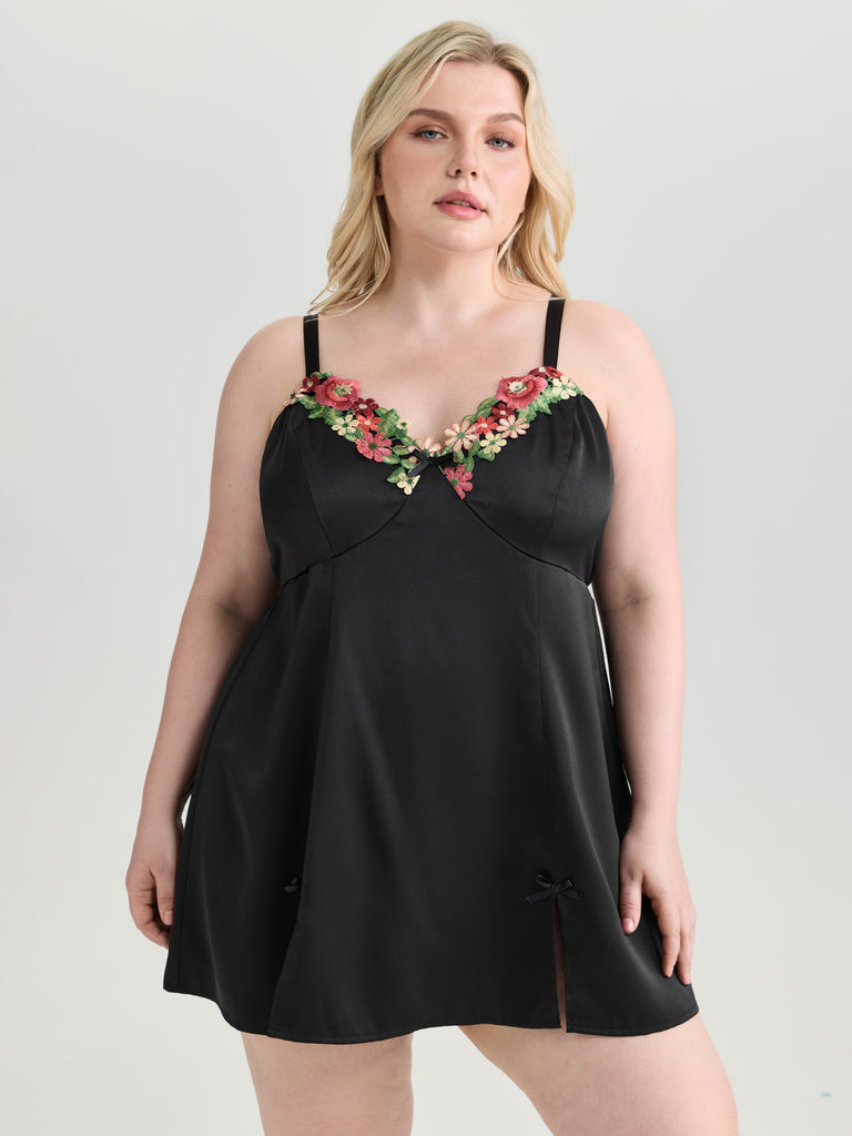 Floral Embroidered Satin Bustier Nightgown