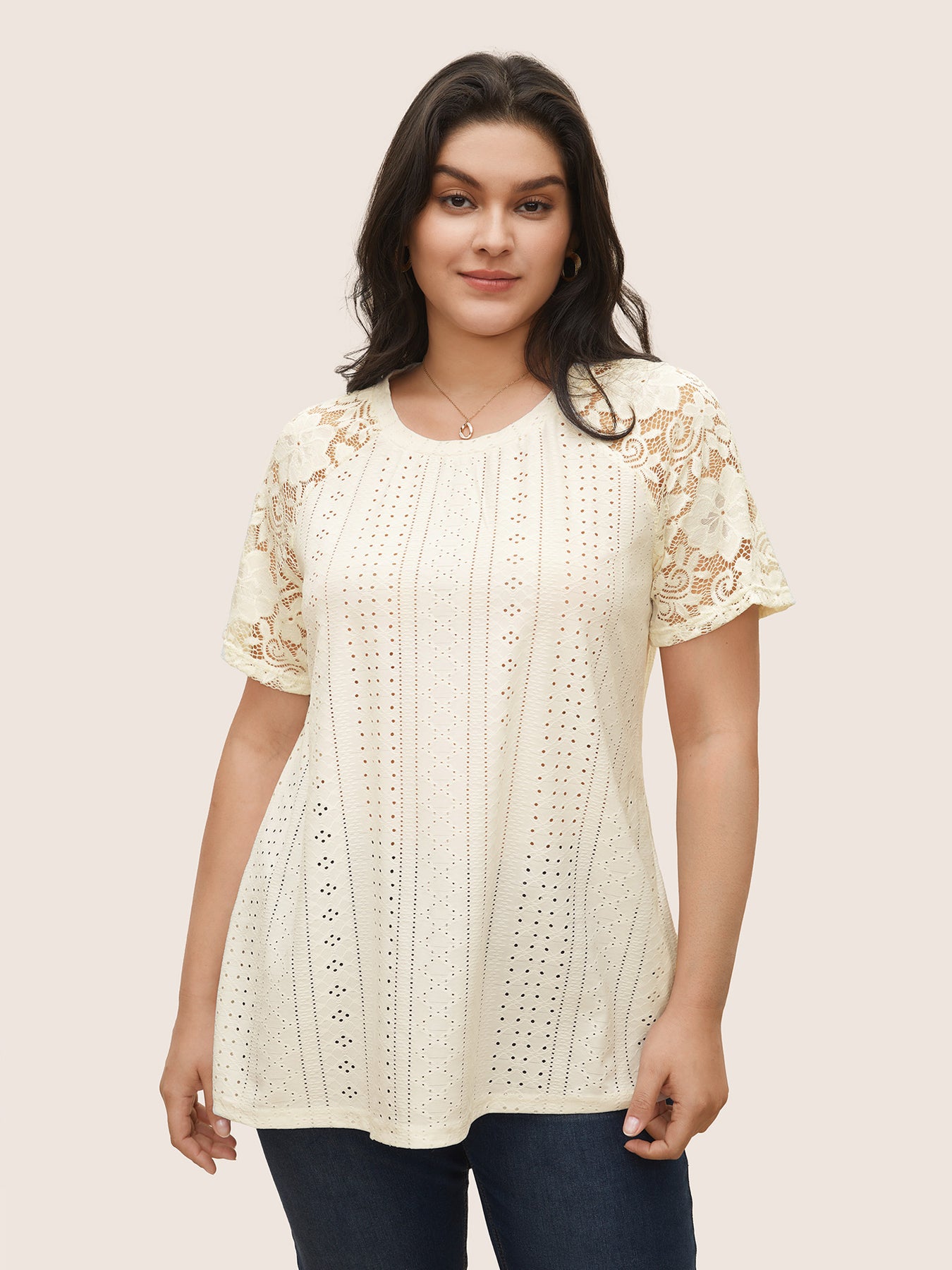 Solid Broderie Anglaise Lace Raglan Sleeve T-shirt – BloomChic