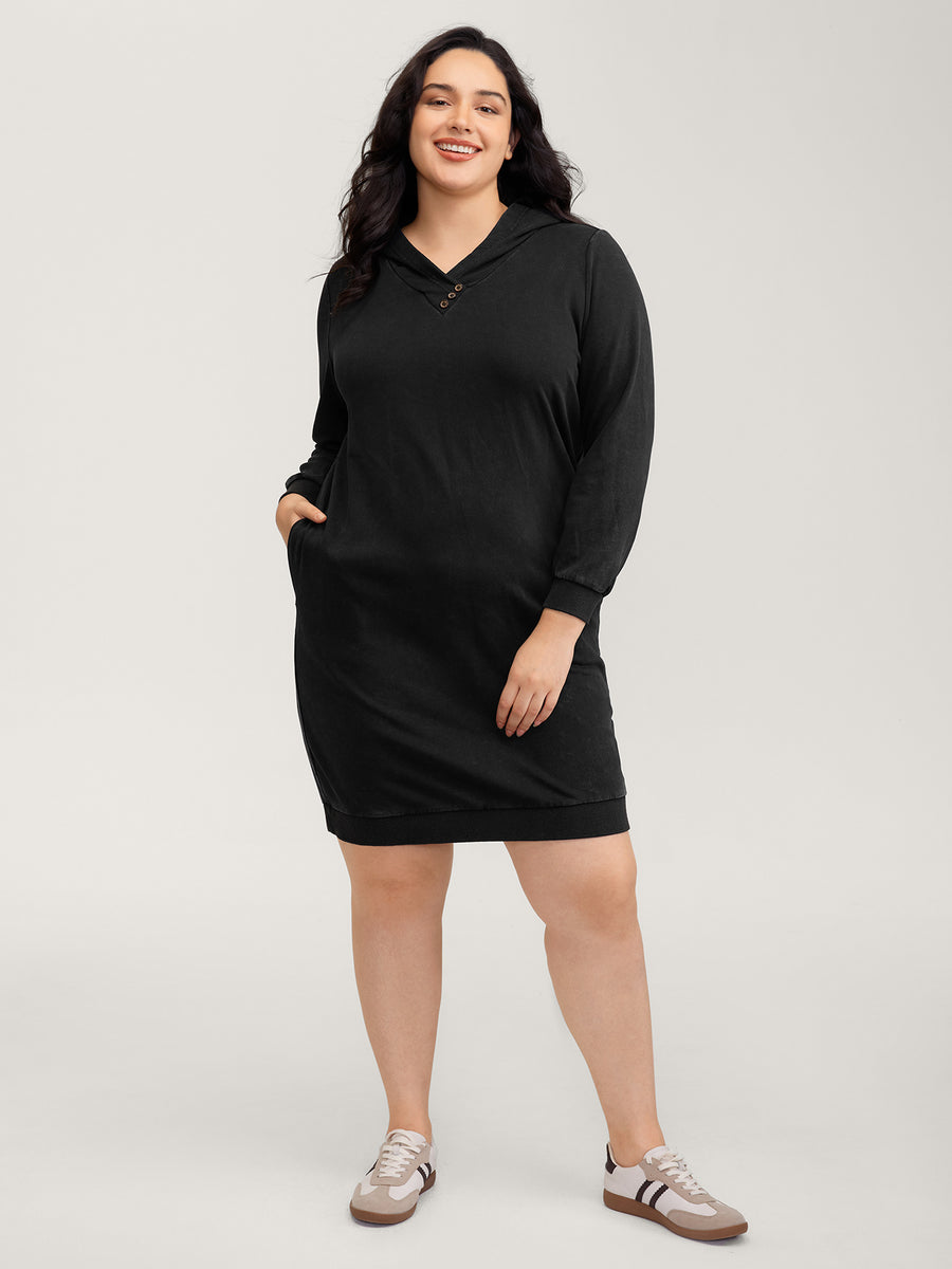 sweatshirt midi dress BloomChic Women's Plus Size Vintage Hooded Sweatshirt Midi Dress Black Non Knee Casual Button 10/M