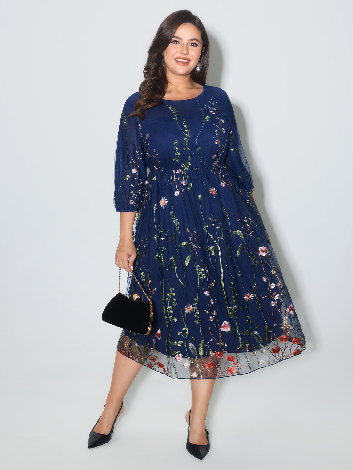 BloomChic Navy Plus Size Floral Embroidered Elastic Waist Lined Midi Dress, 14-16/1X BloomChic Navy Plus Size Floral Embroidered Elastic Waist Lined Midi Dress, 14-16/1X