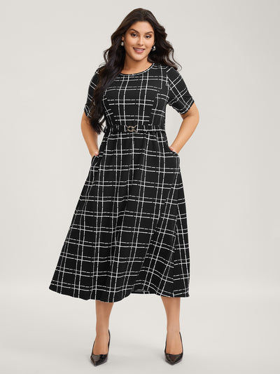 Plus Size Tartan Swing Dress & Leggings Set – Stretchy Check Block Print, Sizes 12-22