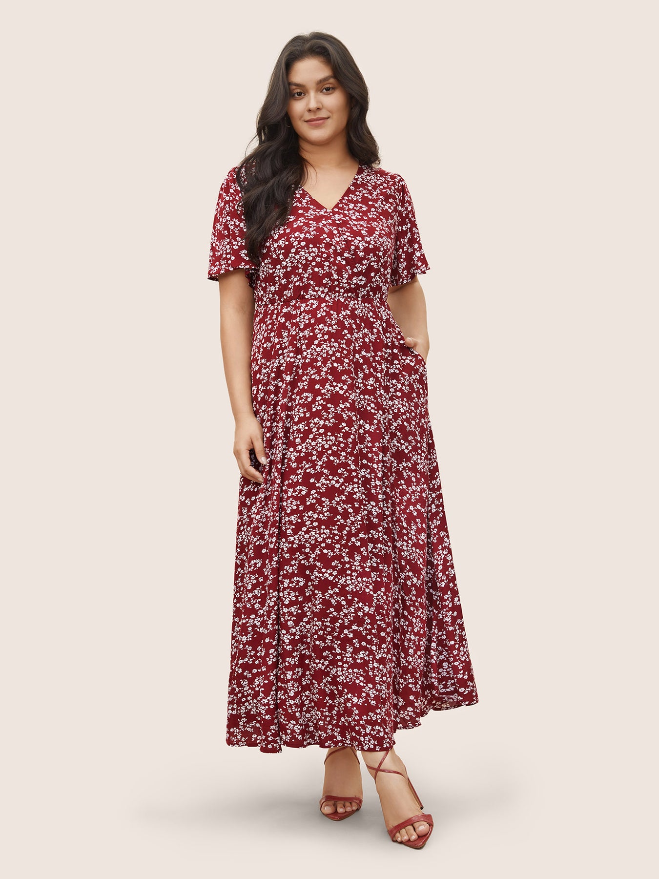 Plus Size Dresses, Bloom Dress - Flutter Sleeve Ditsy Floral Pocket Split  Maxi Dress
