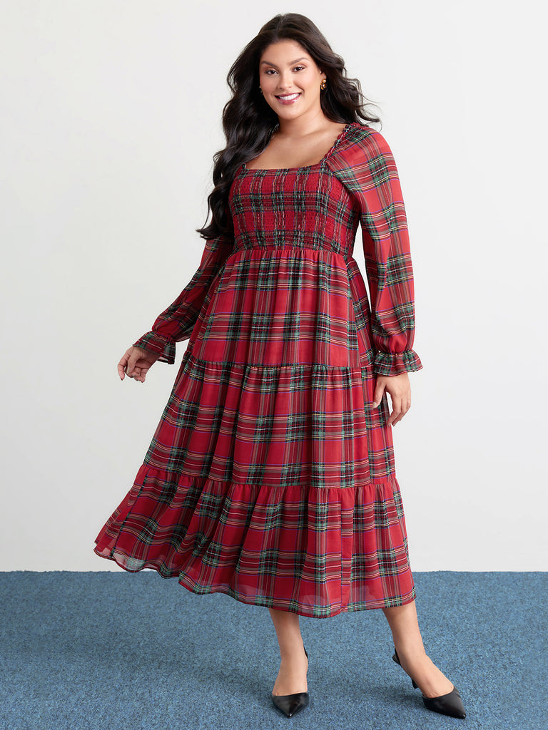 Plus Size Christmas Holiday Plaid Shirred Bodice Maxi Dress Multicolor Women Timeless Square Neck Long Sleeve Curvy BloomChic 12/L