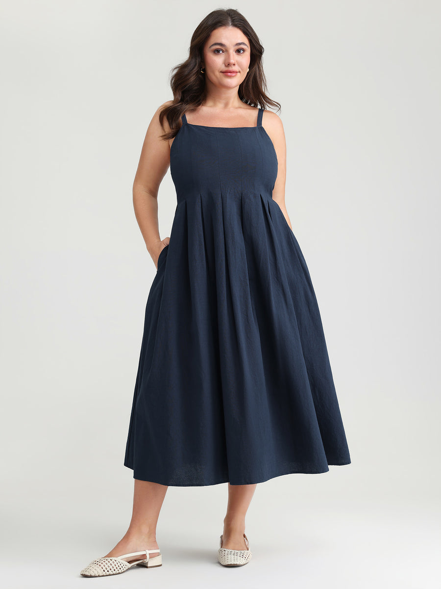 pure cotton midi dress BloomChic Women's Plus Size Pure Cotton Pleated Adjustable Midi Dress Midnight Non Midi Casual Texture 28/5X