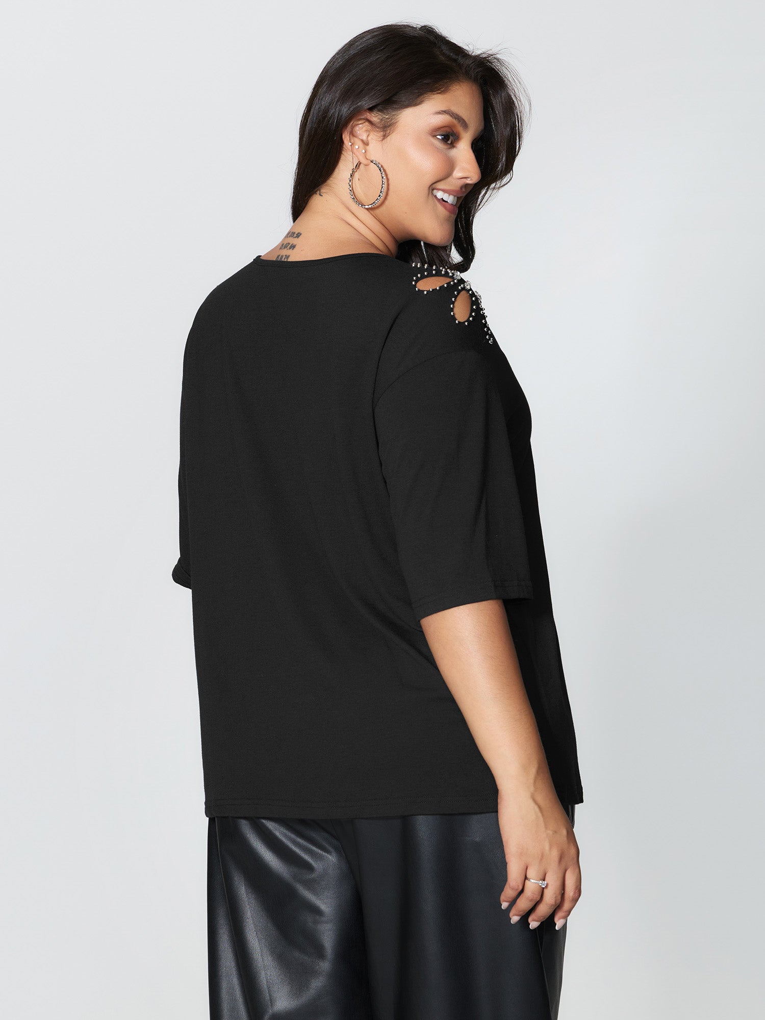 Cut-Out Shoulder Beads T-Shirt