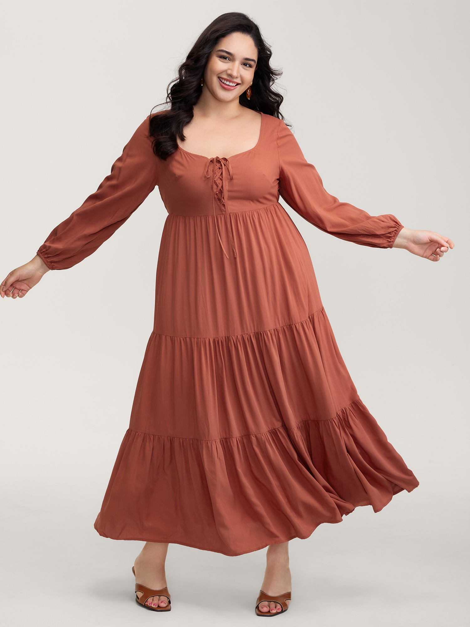 BloomChic Plus Size Maroon Maxi Dress, Adjustable Tiered, Square Neck, Long Sleeve, 22-24/3X
