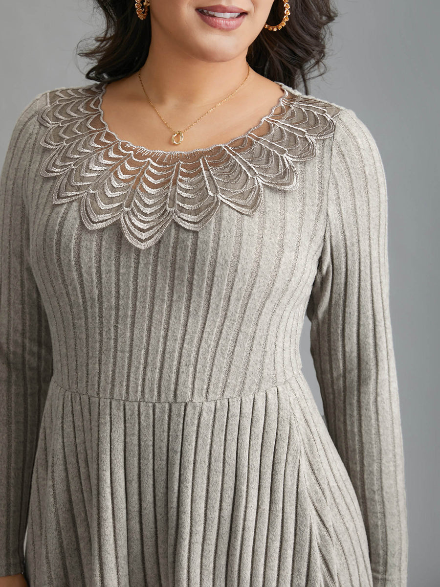 patchwork knit dress BloomChic Women's Plus Size Lace Neck Patchwork Ribbed Knit Dress LightGray Elegant Midi Woven ribbon&lace trim 18-20/2X