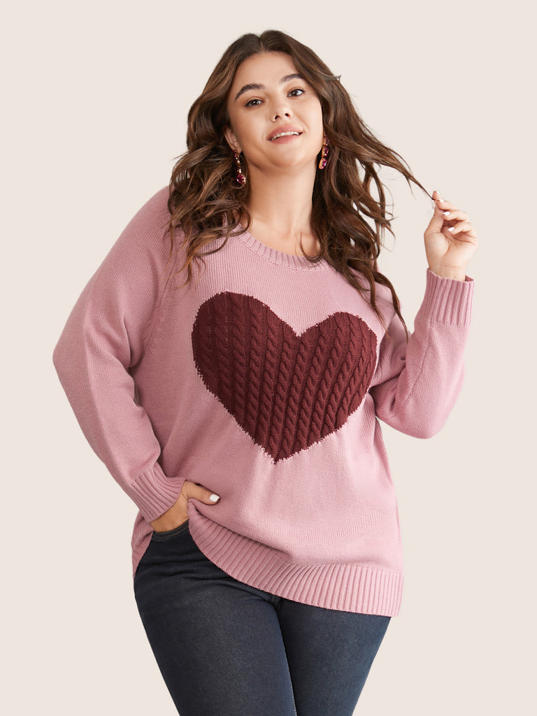 Heart Cable Knit Two Tone Raglan Sleeve Pullover