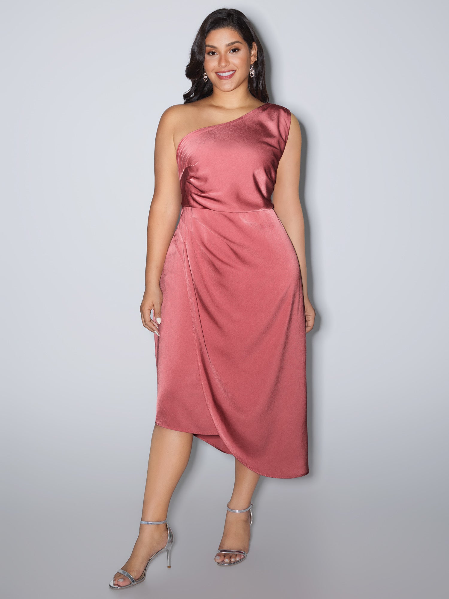 one-shoulder asymmetrical hem midi dress BloomChic Women's Plus Size Draped Watermelon Party Maxi Asymmetrical Neckline 28/5X shoulder design and a existing-dress LONG-SLEEVED WOOL MINI DRESS My Actual Bust is:66