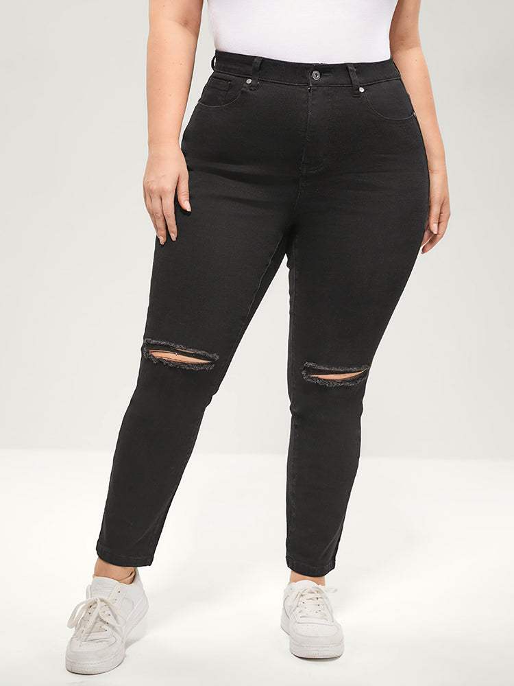 Straight Moderately Stretchy Mid Rise Black Wash Distressed Jeans