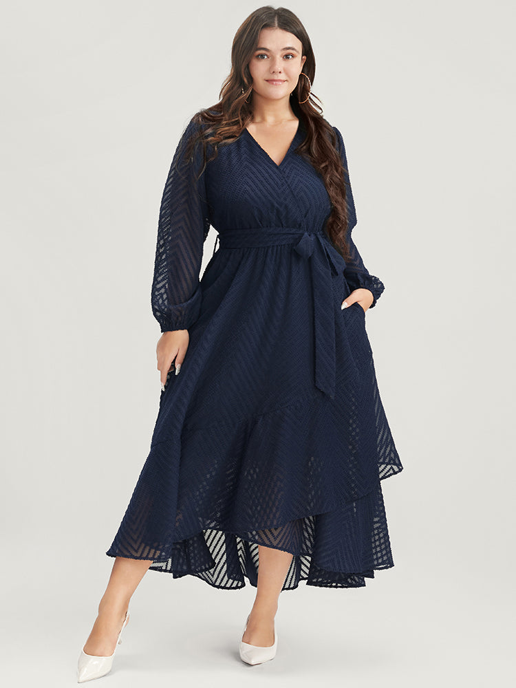 Solid Geometric Wrap Pocket Belted Asymmetrical Hem Dress BloomChic