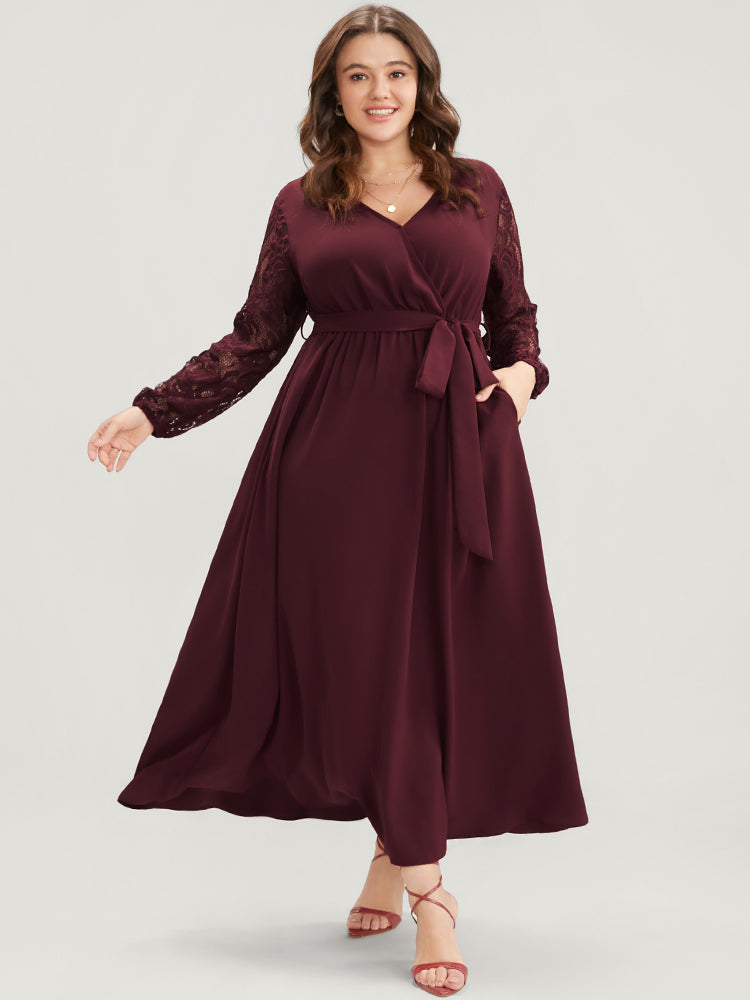 Solid Lantern Sleeve Belted Wrap Dress