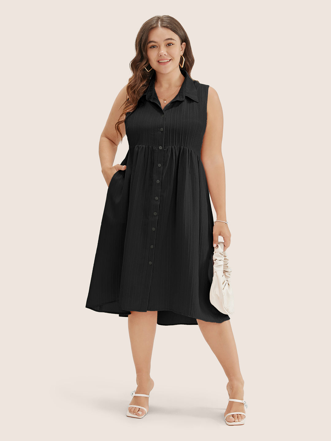 Solid Shirt Collar Ruffle Pocket High Low Hem Button Up Dress