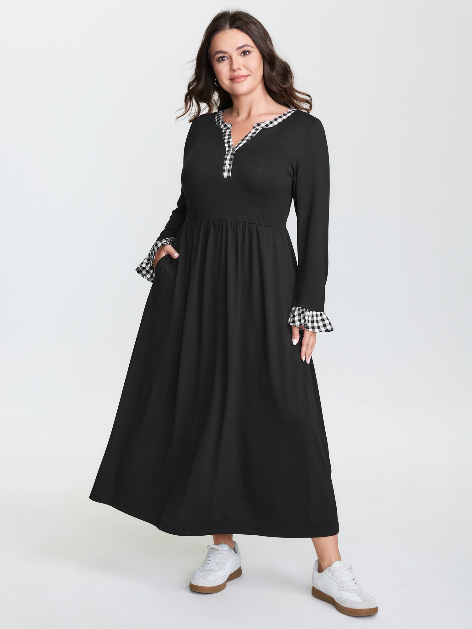 BloomChic Women's Plus Size Supersoft Color Contrast Pockets Maxi Dress Black Plaid Maxi Casual Colorblock 18-20/2X