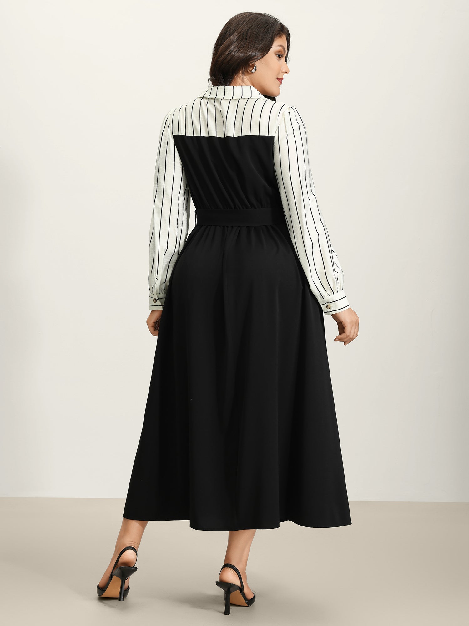 Stripe Print Belted Pockets Maxi Dress