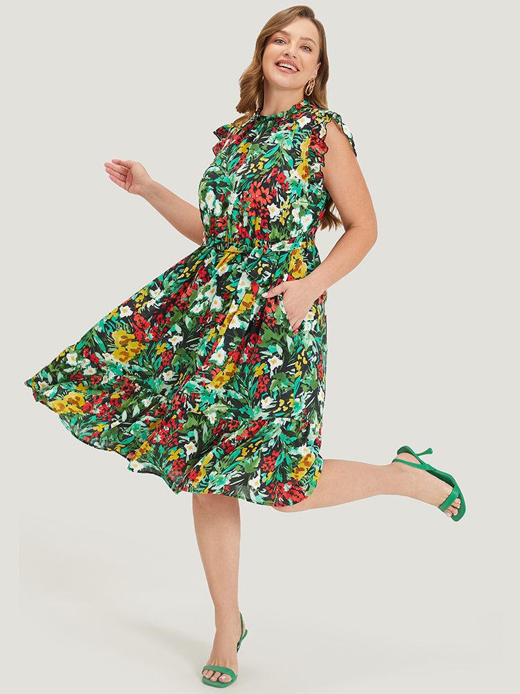 Pixel Flower Ruffle Trim Pocket Belt Mock Neck Knee Dress – BloomChic