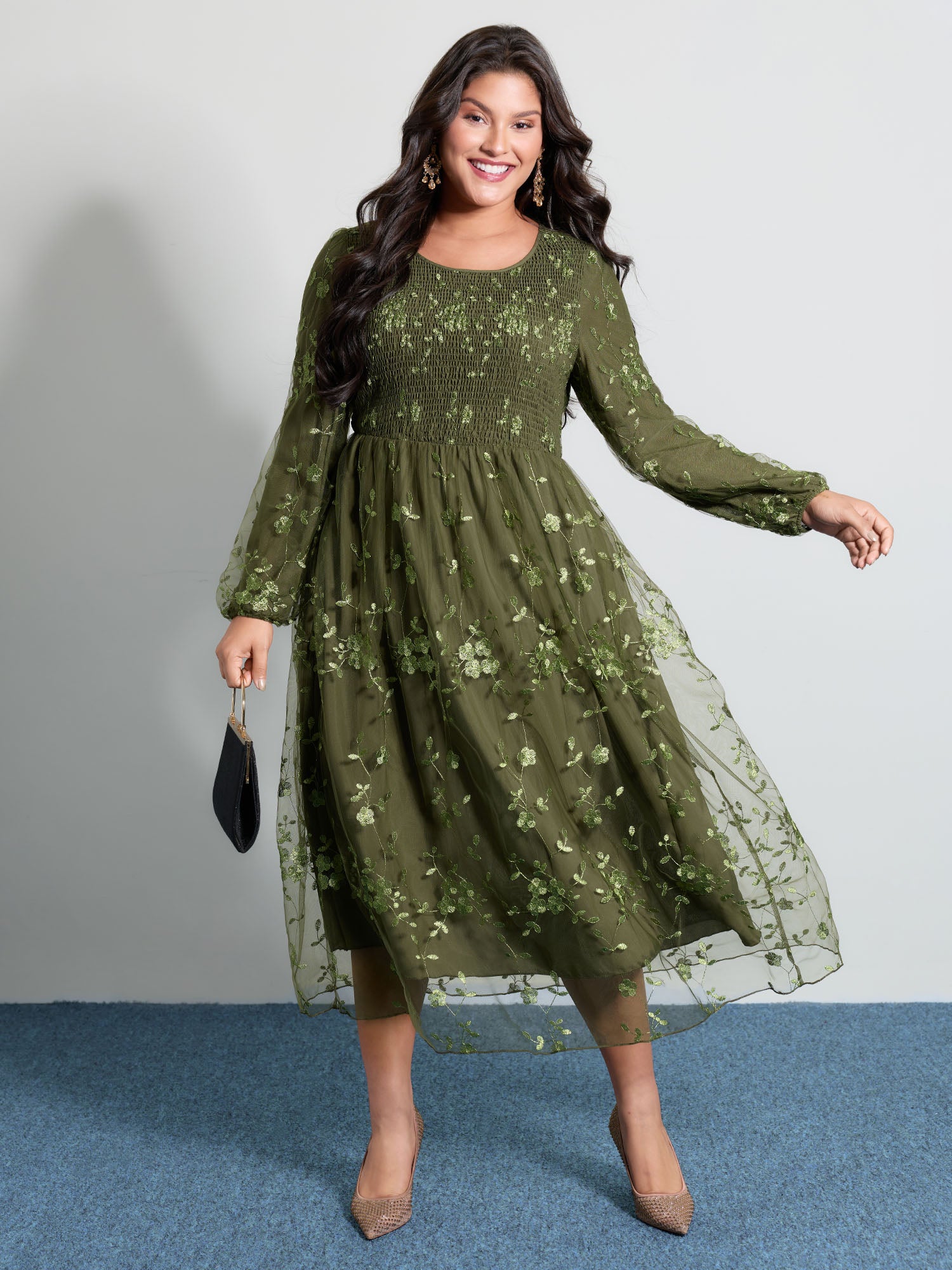 knee length dresses for ladies BloomChic Women's Plus Size Floral Embroidered Shirred Lined Midi Dress ArmyGreen Non Midi Party Embroidered 14-16/1X
