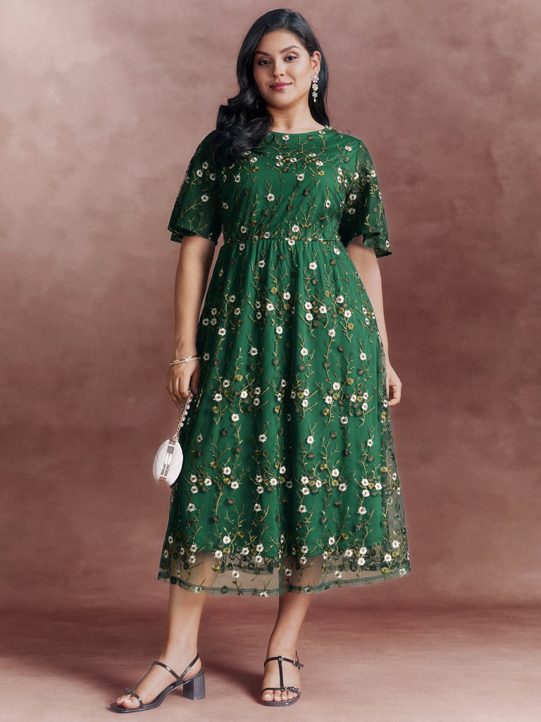 mesh embroidered floral dress BloomChic Women's Plus Size Midi Truegreen Non Midi Party Embroidered 12/L Glinda 