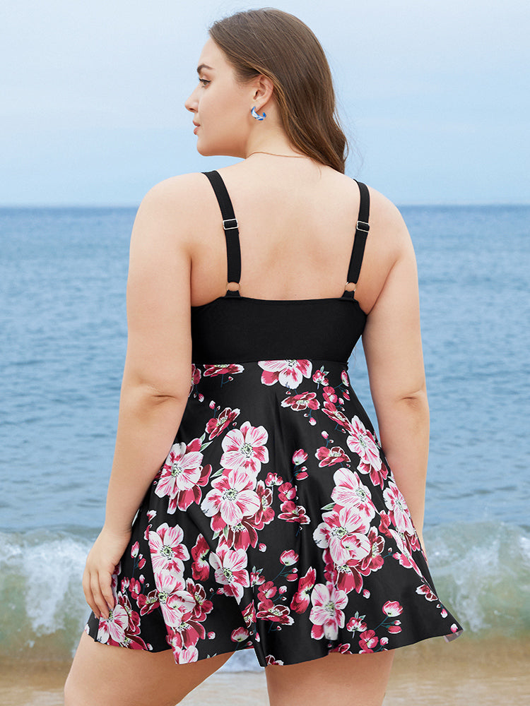 Floral Print Knotted Twist Front A Line Swim Dress