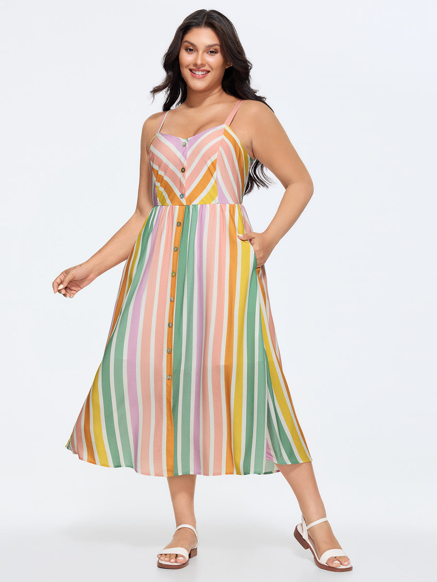 midi bloomchic dresses BloomChic Women's Plus Size Soft Striped Pockets Cami Midi Dress Multicolor Stripes Tunic Casual 28/5X