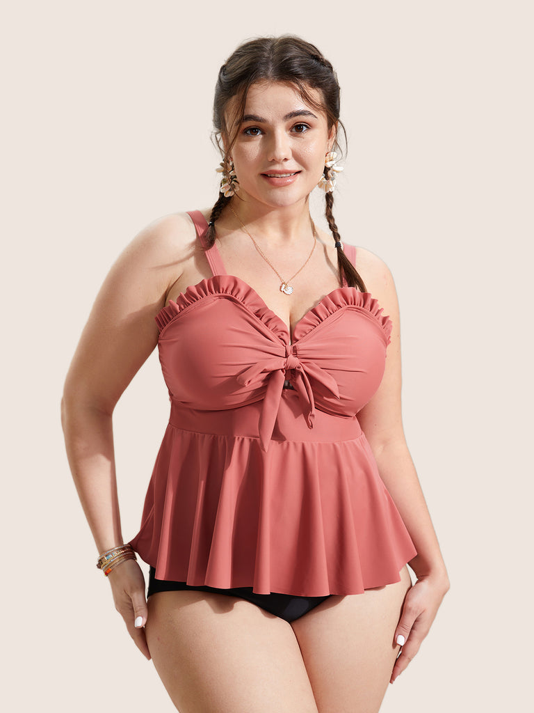 Solid Tie Knot Ruched Frill Trim Swim Top