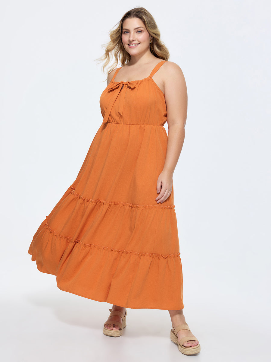 BloomChic Women's Plus Size Bowknot Neckline Bust-Friendly Tiered Flowy Maxi Dress Coral Solid Maxi Vacation Bowknot 26/4X