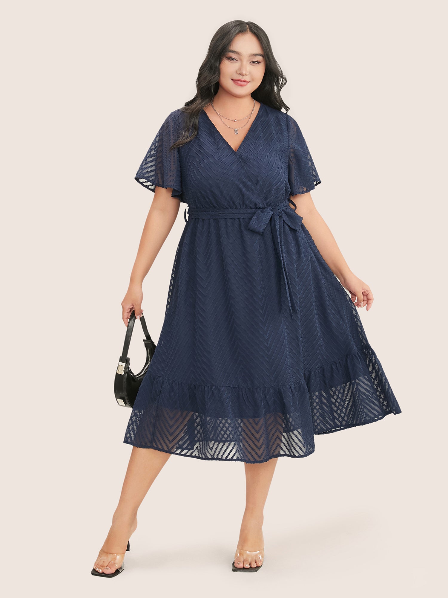 Plain Geometric Pocket Mesh Ruffle Sleeve Belted Wrap Dress – BloomChic