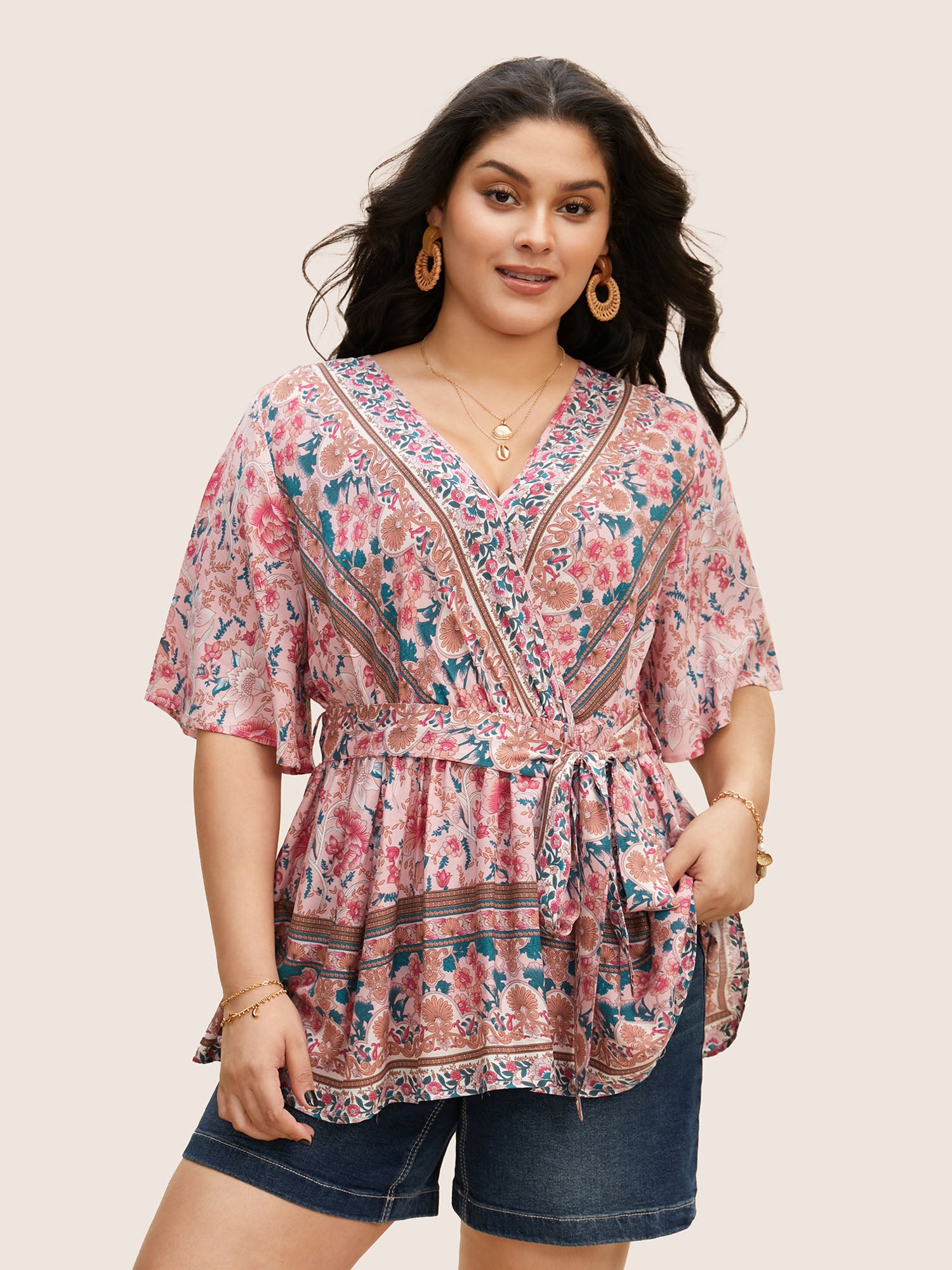Floral Print Ruffles Belted Wrap Blouse – BloomChic