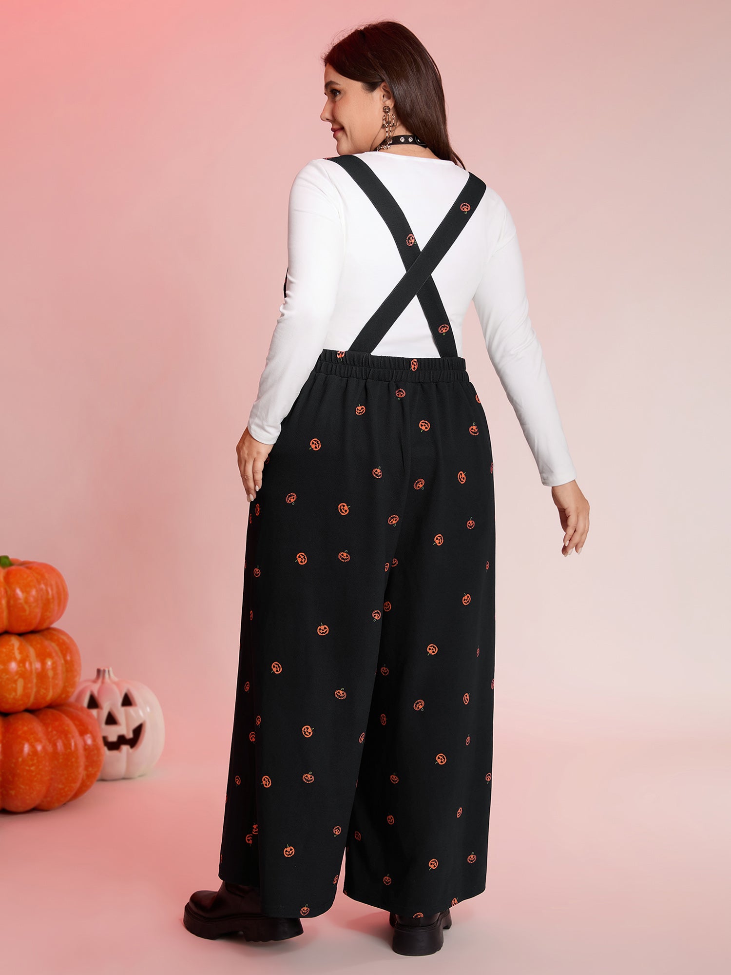 Pumpkin Print Stretchy Overall Strap Jumpsuit