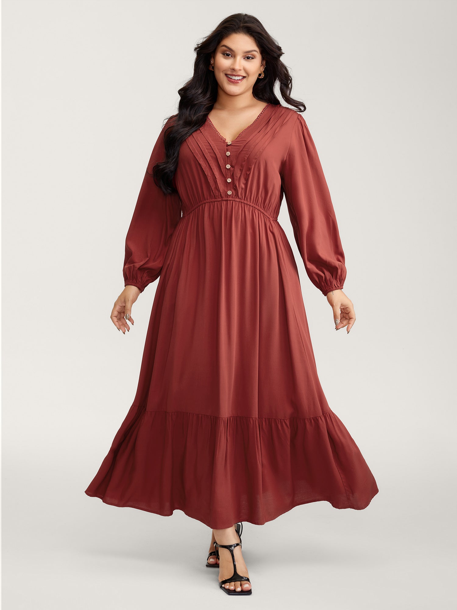 Pleated V-Neckline Tiered Maxi Dress