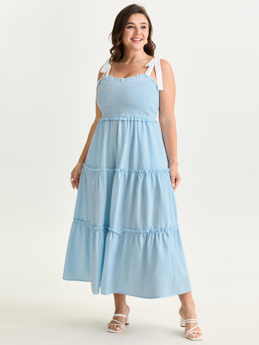 midi ruffle hem dress BloomChic Women's Plus Size Ruffle Hem Shirred Bust Tiered Midi Dress LightBlue Solid Maxi Elegant Patchwork 28/5X