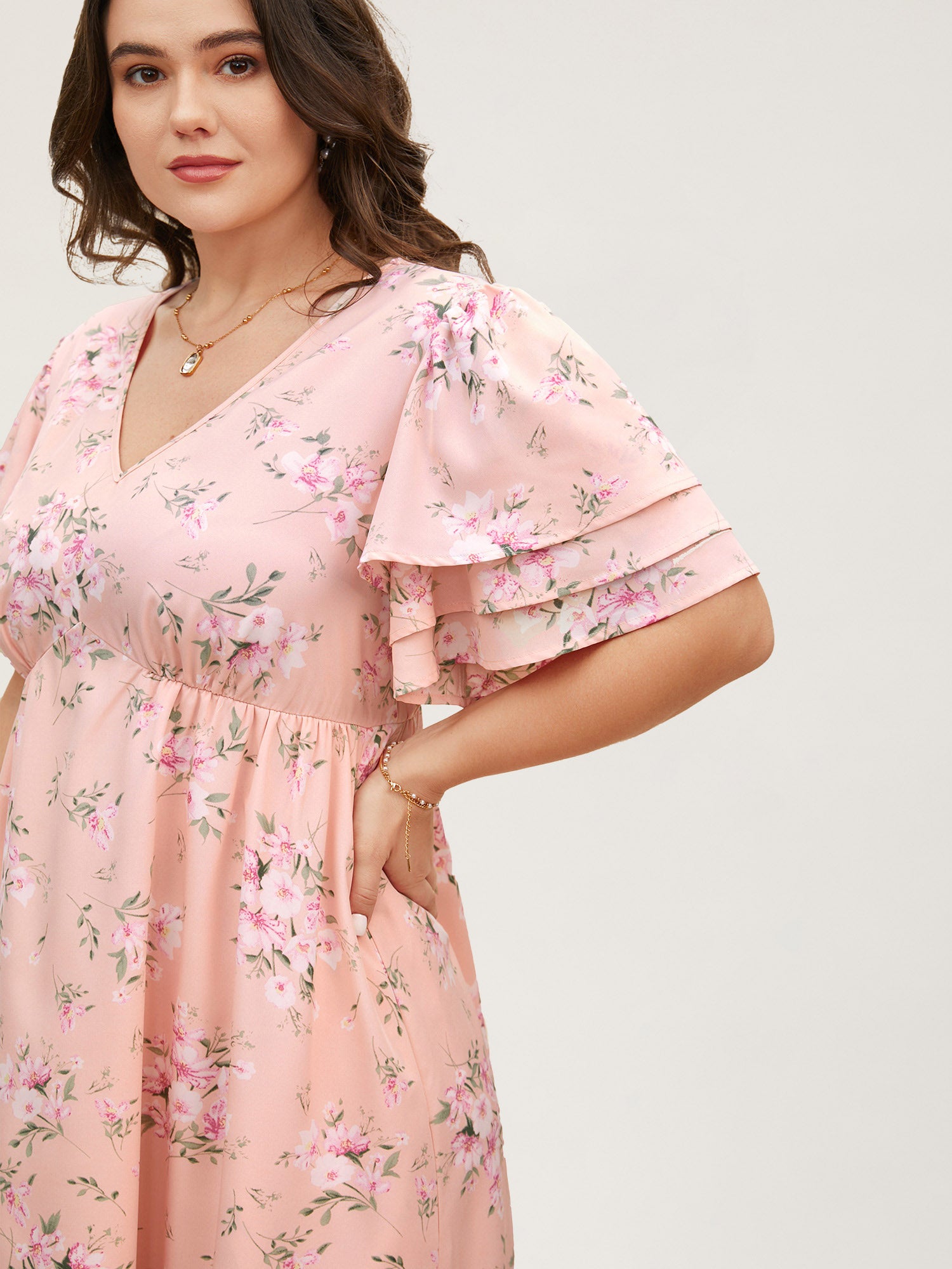 Long Sleeve Elastic Waist Ruffle Hem Dress - Berry main image 0