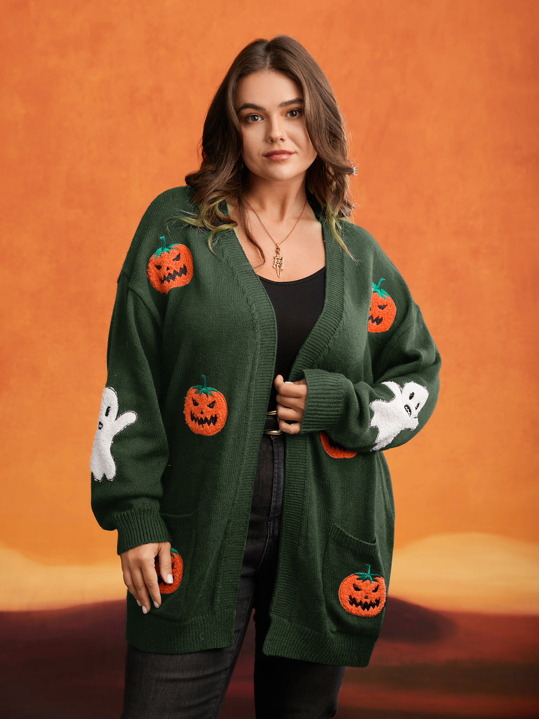 Pumpkin Ghost Embroidery Open Cardigan BloomChic