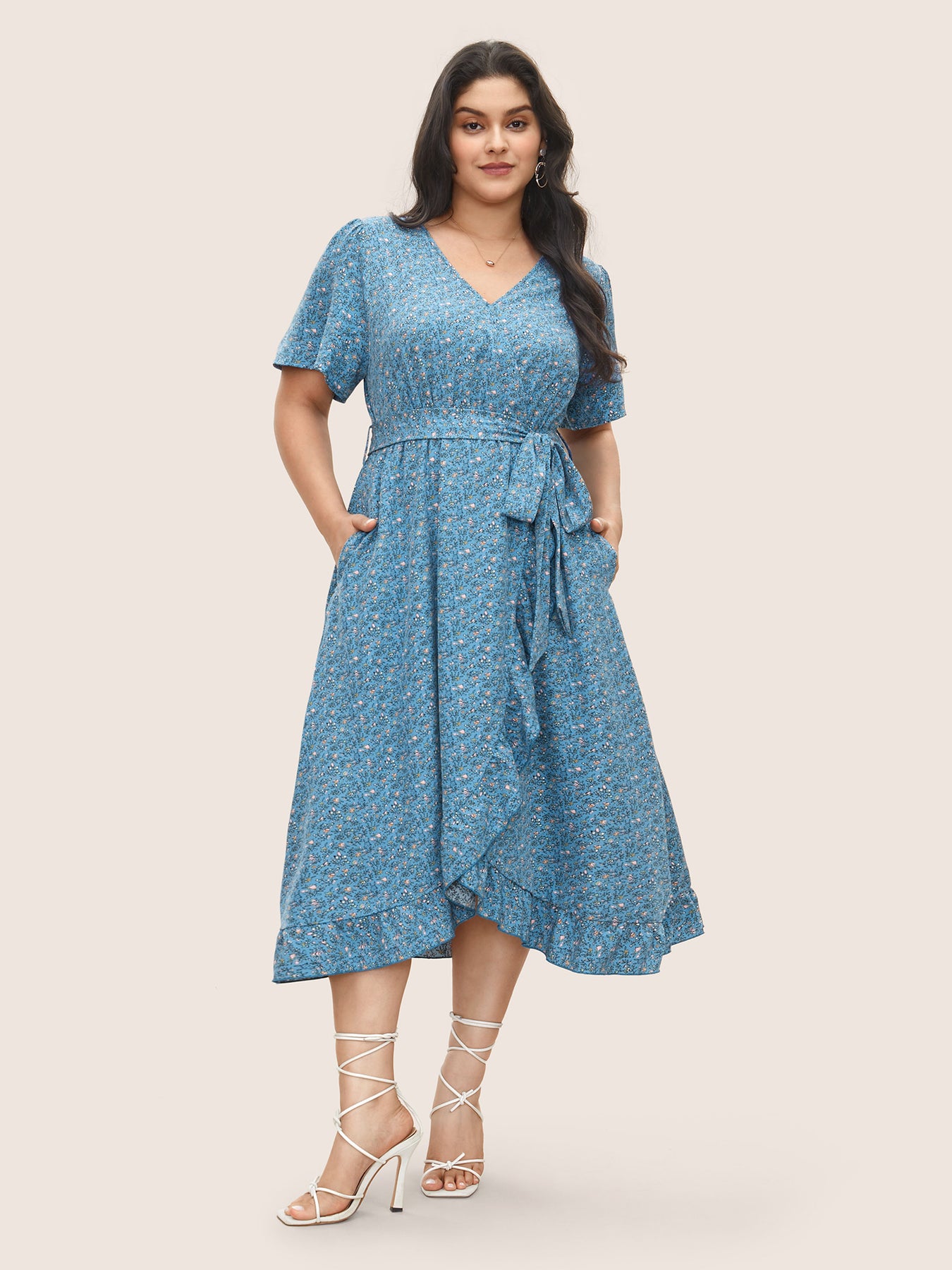 Ditsy Floral Overlap Collar Ruffles Belted Dress – BloomChic