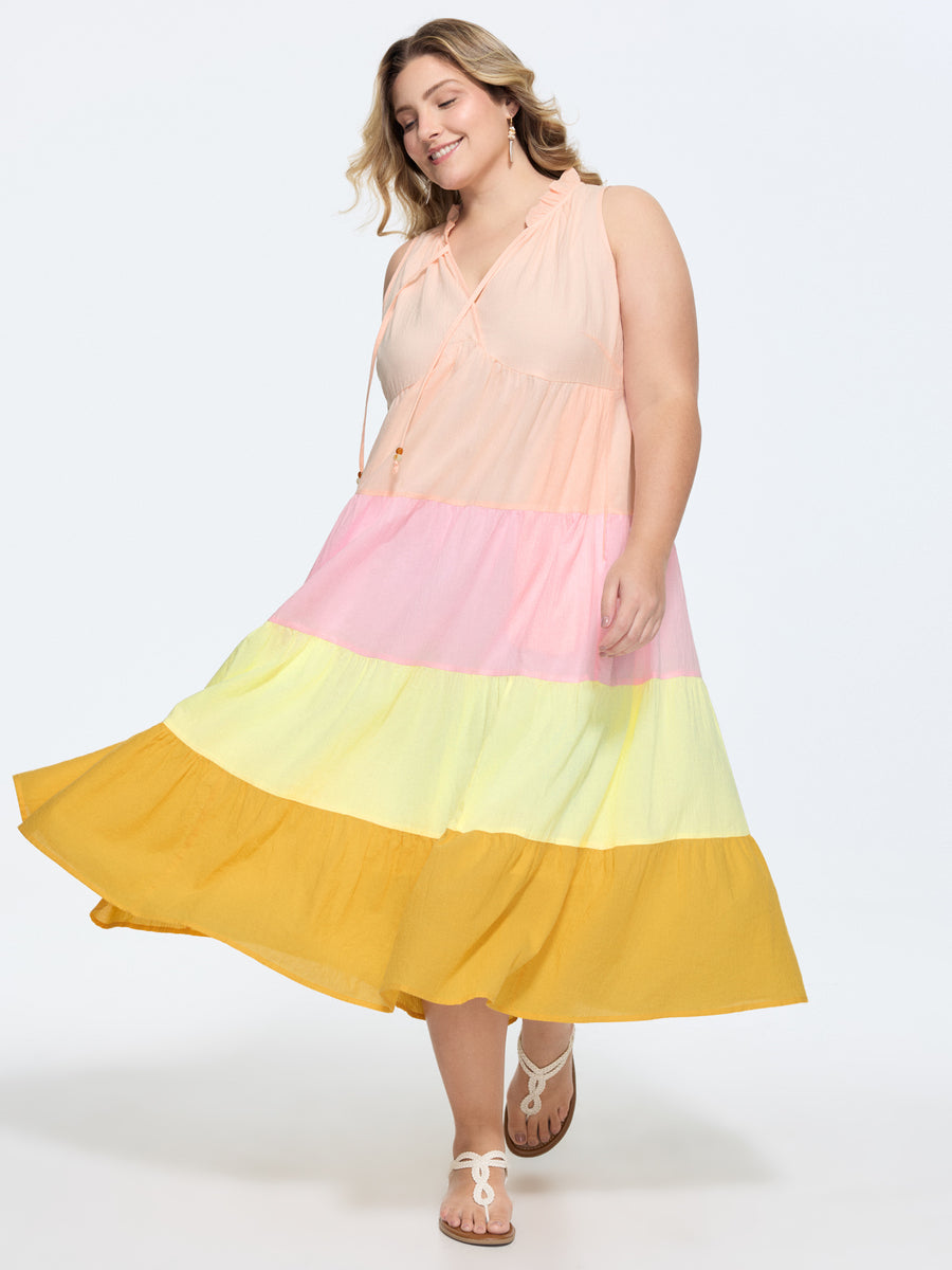 colorblock tiered maxi dress BloomChic Women's Plus Size Cotton Colorblock Tiered V-Neck Maxi Dress Multicolor Color Block Maxi Vacation Lace-Up 14-16/1X