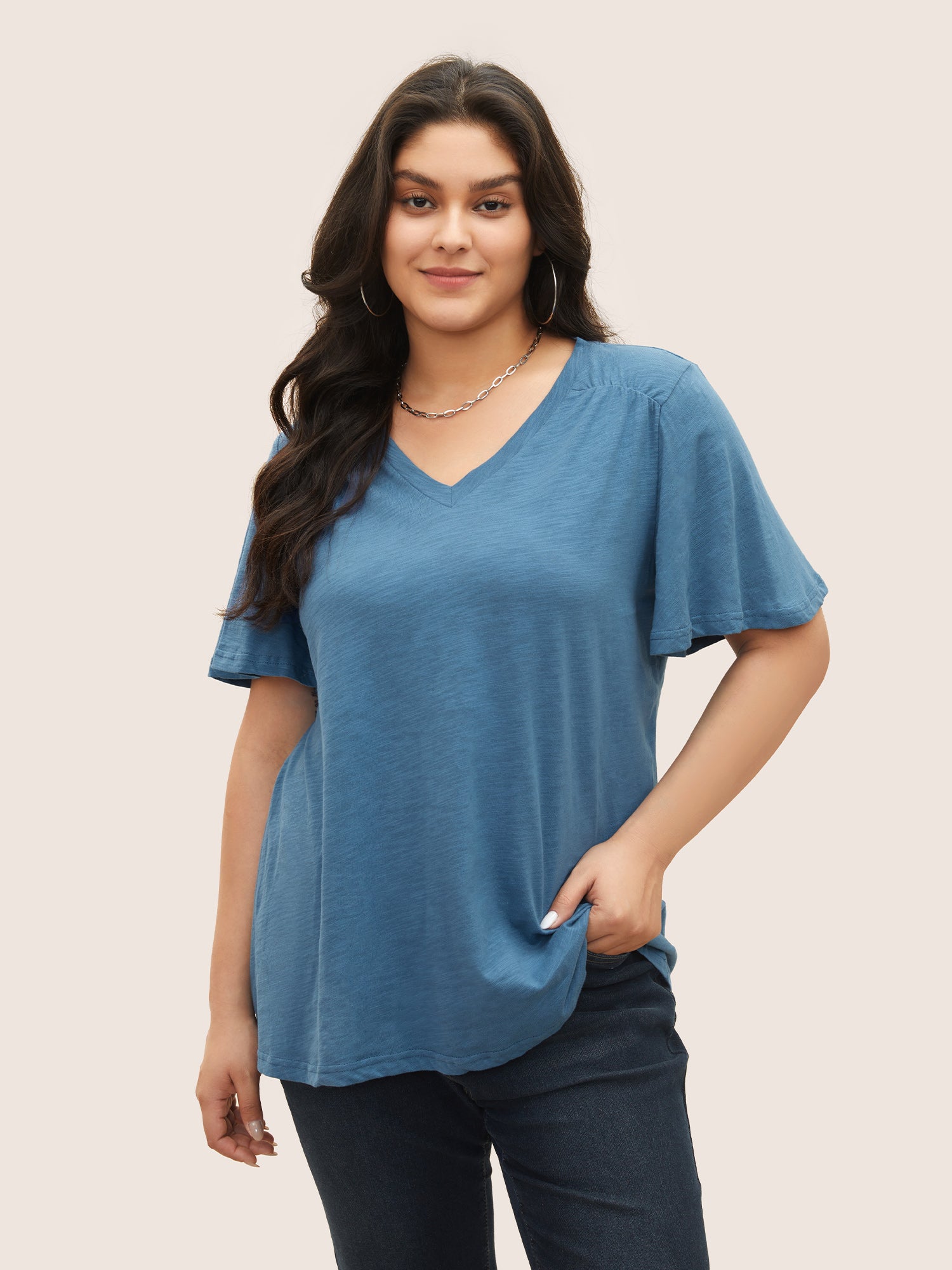 Plain Ruffle Sleeve Heather V Neck T-shirt – BloomChic